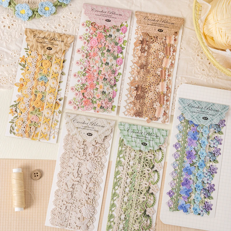 Embroidered Lace Border Washi Stickers, Colorful Flower & Vine Frames for Junk Journal, DIY Collage Craft Supplies