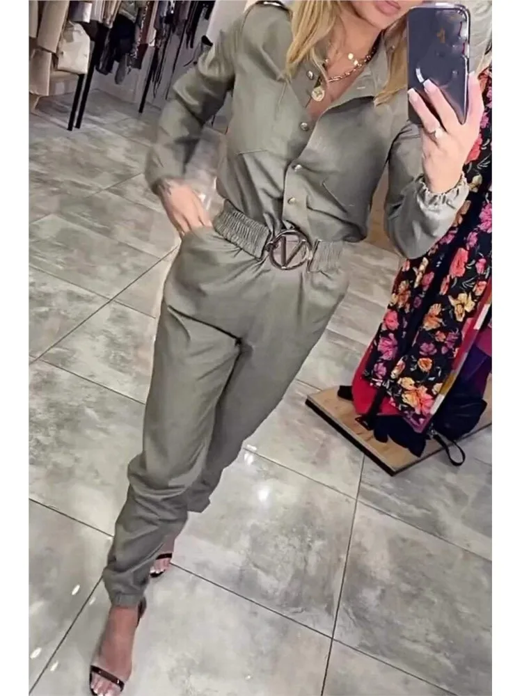 Fashion Streetwear Solid Jumpsuit For Women Casual Long Sleeve Button Sashes High Waist Jumpsuits Women Clubwear Womens Clothing
