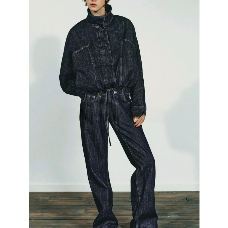 Fall New Batwing Sleeve Denim Jacket Outerwear Low Waist Wide Leg Jeans 2 Piece Set Casual Style Long Sleeve Adult Women's Fa... view 2