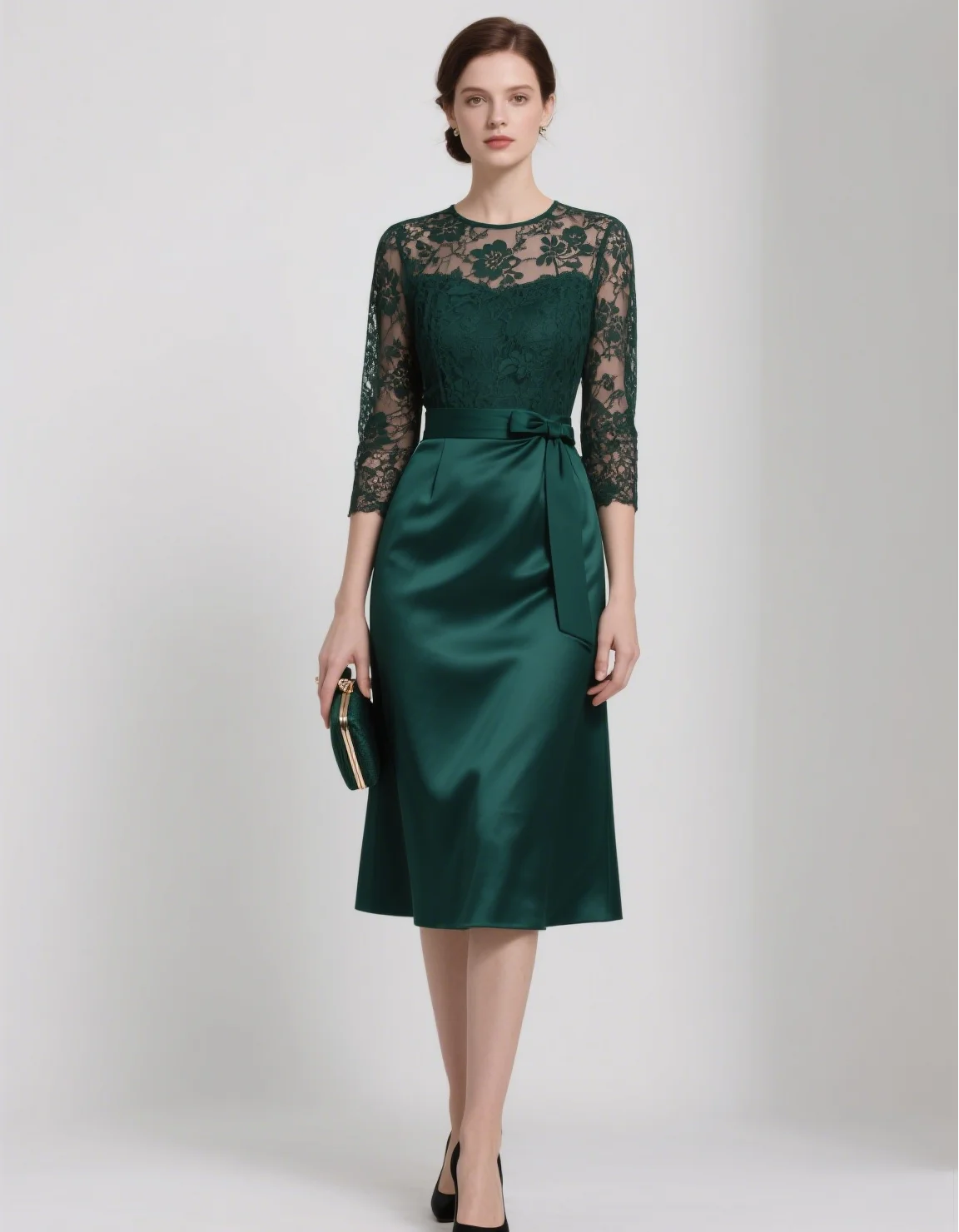 

Elegant A-line Mother of the Bride Dress Knee Length Scoop Neck Silk Satin Lace 3/4 Sleeve Appliques Dress 2025 free customized