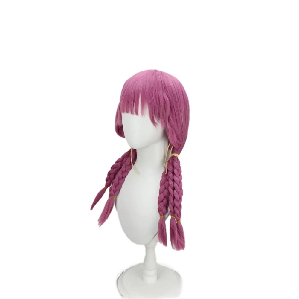 Peruca cosplay Frieren Aura cabelo trançado rosa roxo
