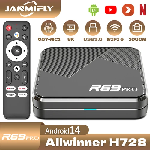 Janmifly R69 PRO decodificador Android 14 Allwinner H728 WiFi 6 compatible con Ultra HD 8K Bluetooth 5,0 caja de TV inteligente Netflix YouTube