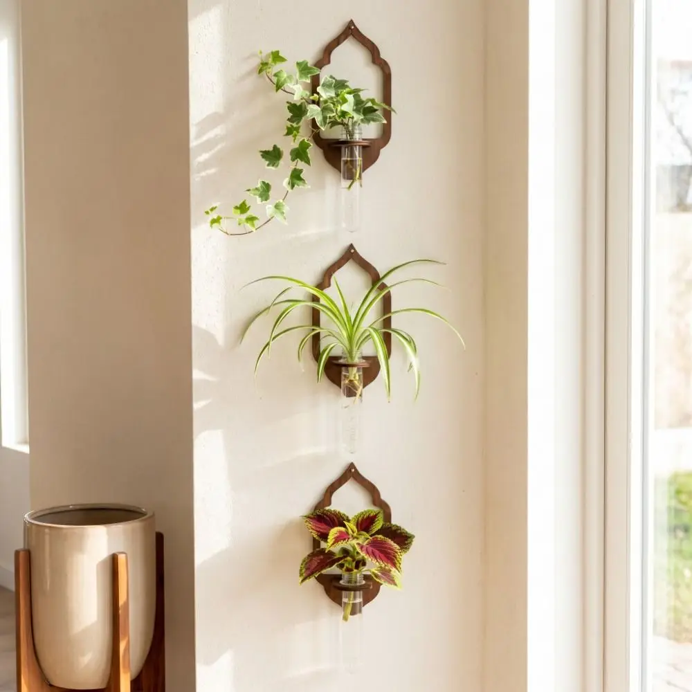 Minimalist Wooden Lantern Planter Holder Vase Retro Wall Decoration Geometric Sun Jellyfish Hydroponic Planter Shelf Living Room
