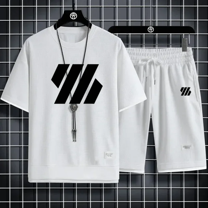 

Mens Sports Suit Fashion Short Sleeve Tracksuit Men Suits Summer Men's Two Piece Set daily Casual T-Shirt and Shorts Waffle Set