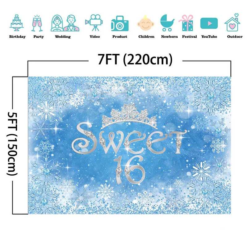 الثلج المجمدة 16th عيد ميلاد خلفية الأميرة تاج فتاة الحلو 16 حفلة عيد ميلاد ديكور الدعامة استحمام الطفل خلفية التصوير الفوتوغرافي