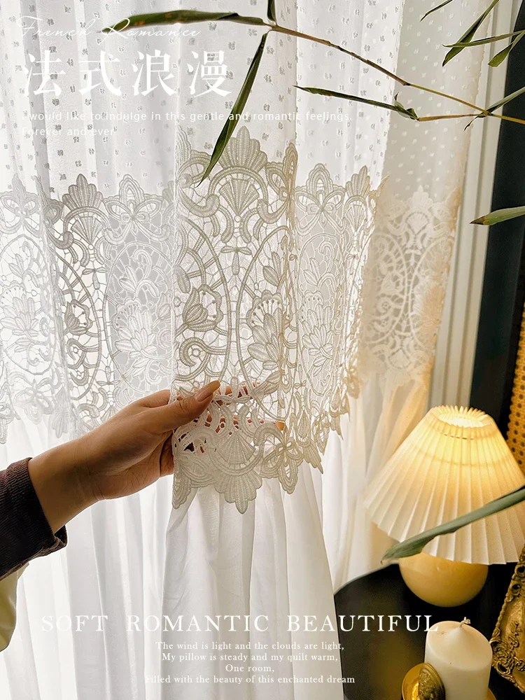 French White Lace Splicing Chiffon Screen Curtains for Living Room Partition Bedroom Balcony French Window Customized Tulle