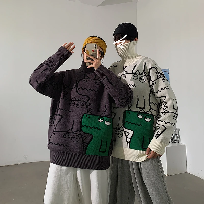Lovers sweater Hong Kong style autumn winter turtleneck line neutral cartoon jacquard sweater cheap