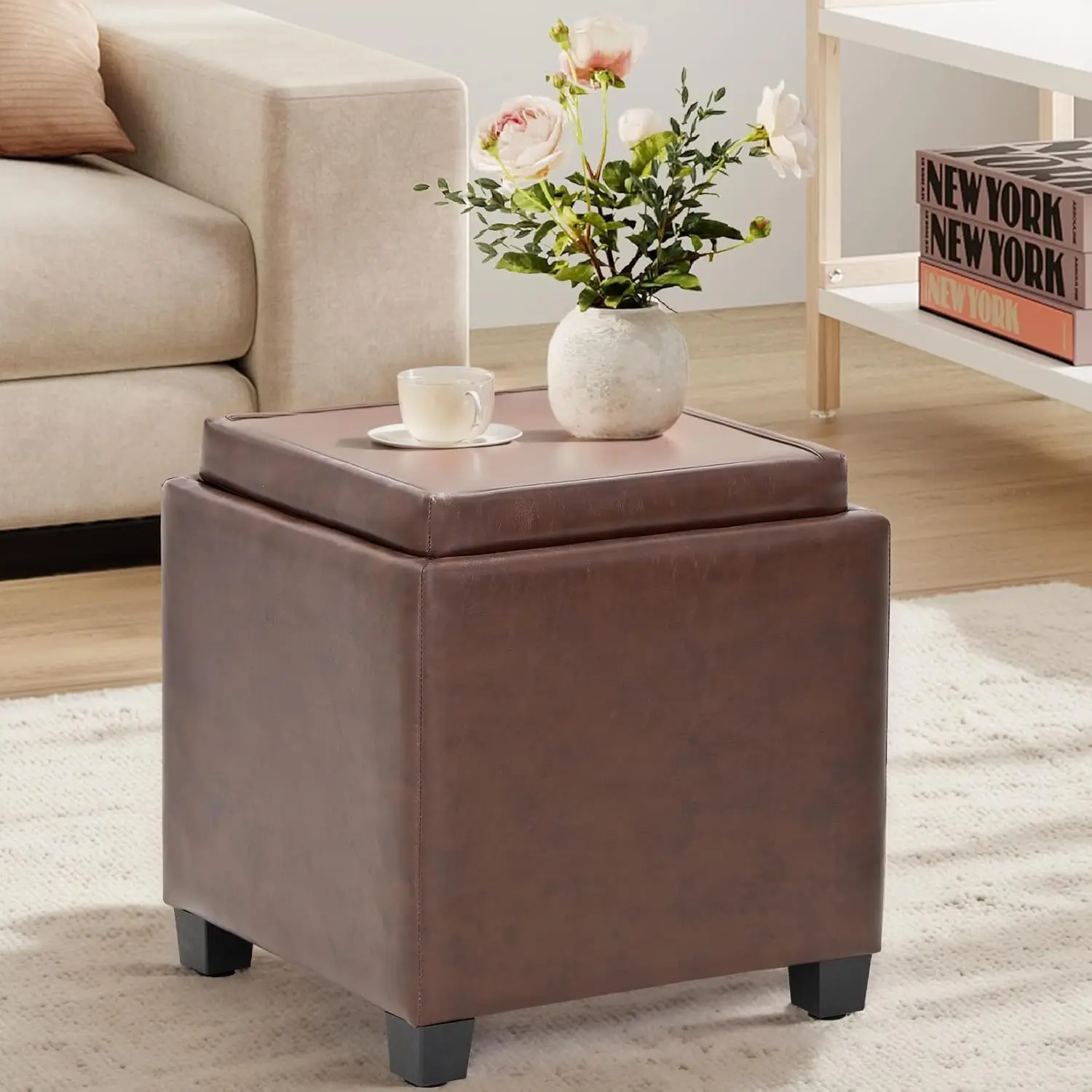 

Square Leather Storage Ottoman With Reversible Tray Lid – Multi-Functional Footrest, Hidden Storage, Sturdy & Stylish Small