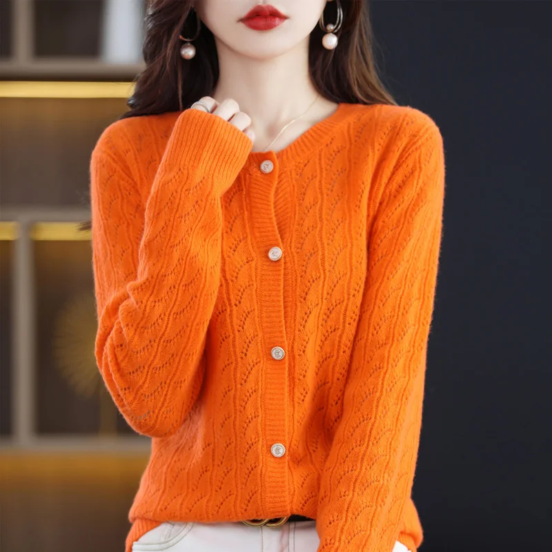 Spring and autumn hollow 100% wool cardigan women's O-neck shirt cashmere sweater knitted high-end bottoming shirt outer tower