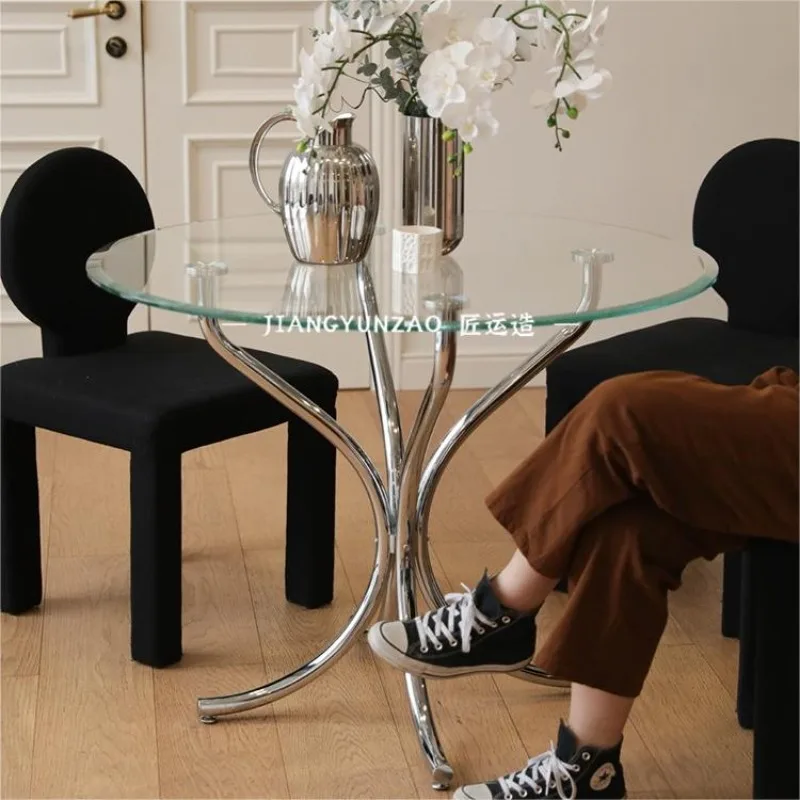 ins wind tempered glass round table small apartment home modern simple coffee table round dining table stainless steel