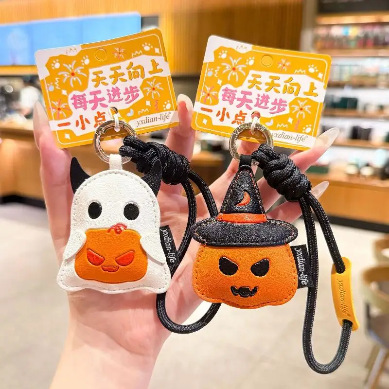 Kürbis-Geist-Anhänger Schlüsselanhänger Cartoon-Taschenanhänger PU-Leder Feiertags-Schlüsselringe für Taschen Halloween-Partys Urlaubsreisen – Detail 6
