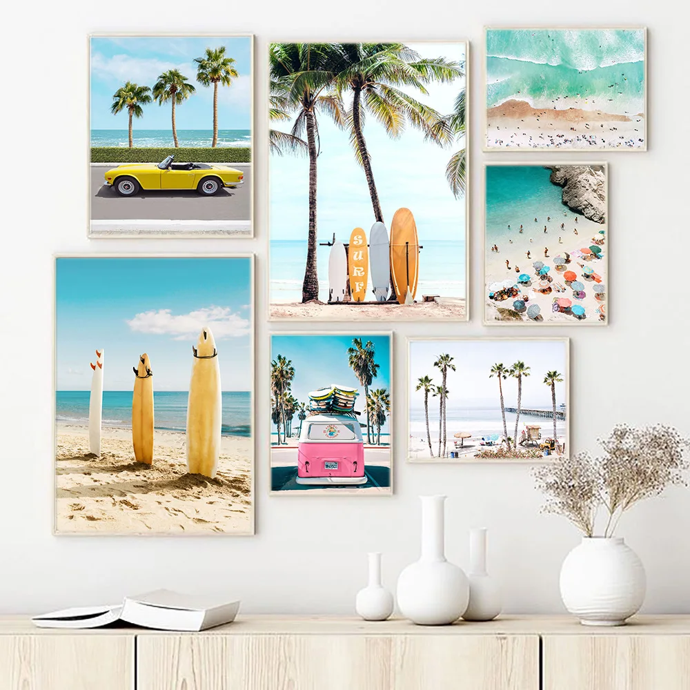 （2D Canvas painting） Classic Summer Sea Beach Coconut Trees Surfing Scenery Poster Canvas Painting Print Living Room Home Wal
