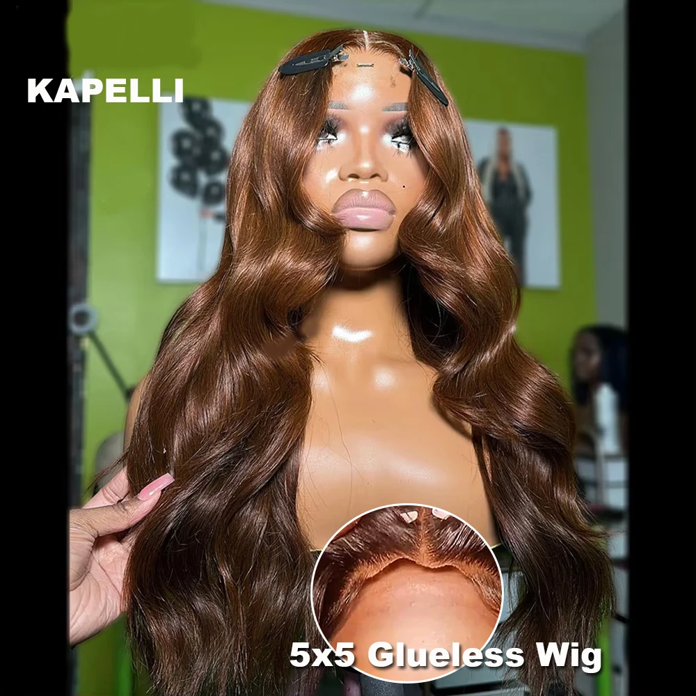 

34-дюймовые шоколадно-коричневые бесклеевые парики из человеческих волос, предварительно выщипанные, предварительно вырезанные, 5x5 Wear And Go, бесклеевой парик, коричневый парик из человеческих волос, 180% Remy