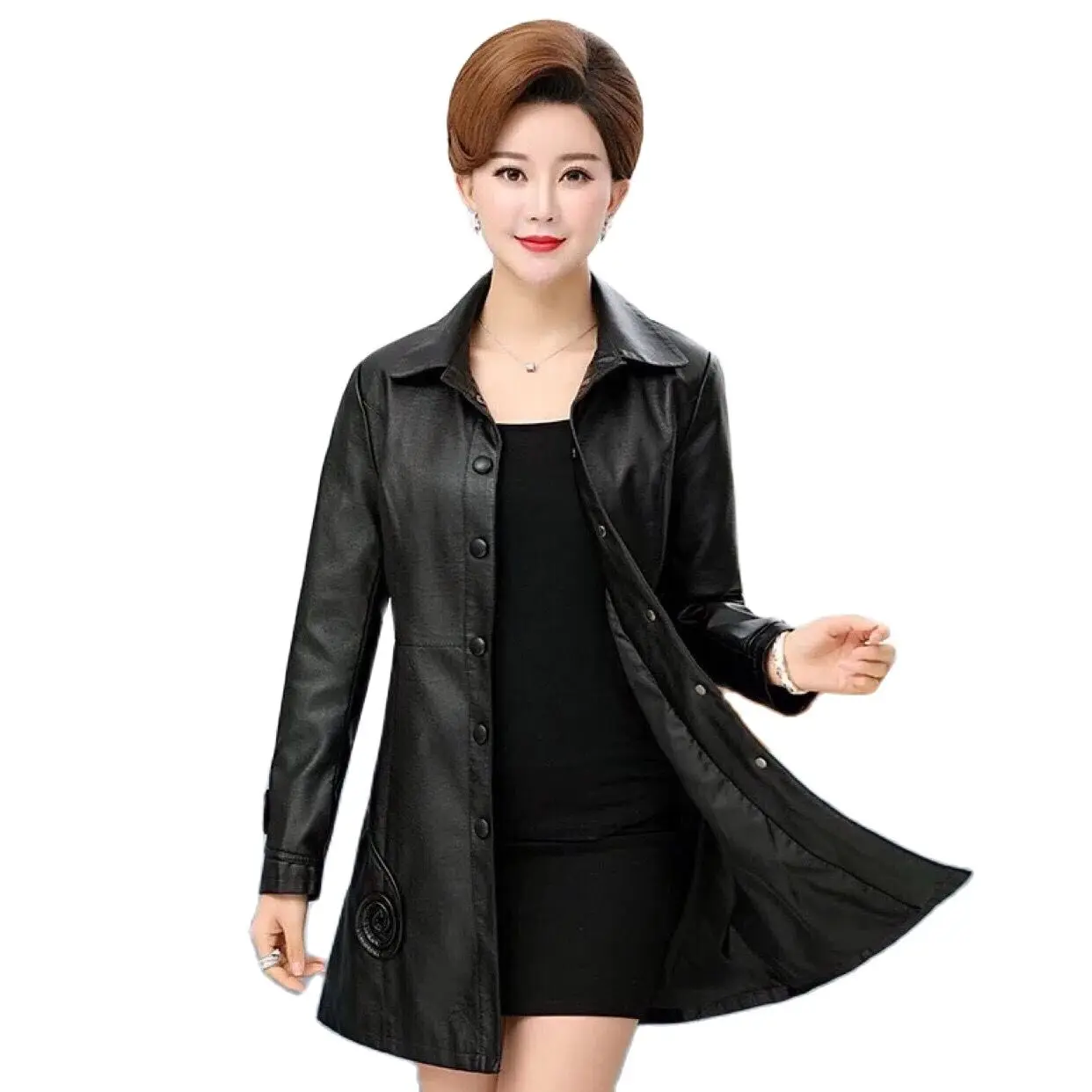 2023New Women Leather Jacket Spring Autumn Mid-Long High End Leather Windbreaker Coat Middle Aged Mother Large Size Overcoat 6XL