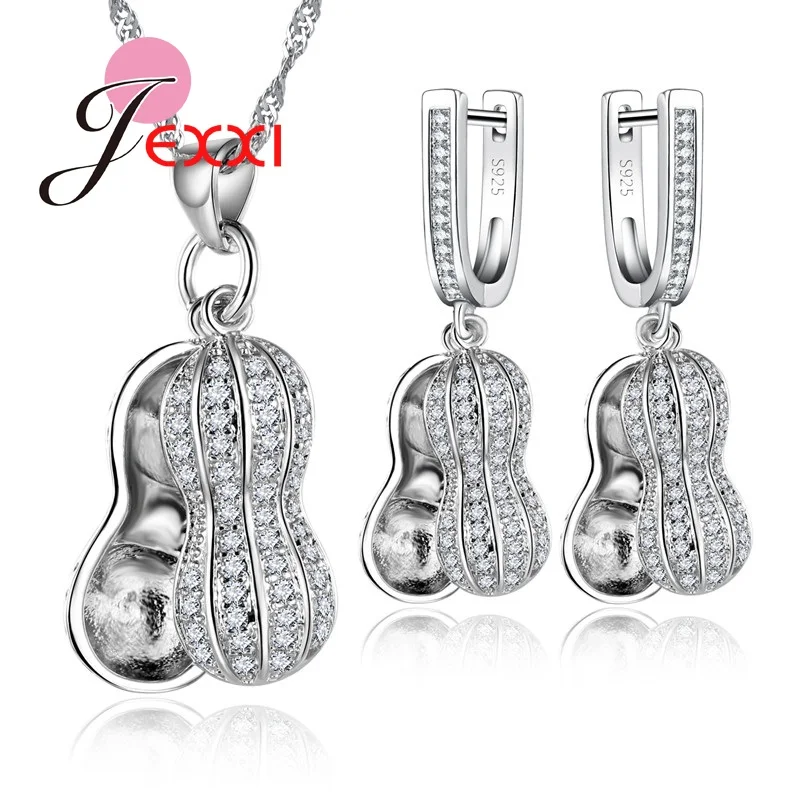 Silver Color Jewelry Set Peanut Shaped Necklace Pendant Earrings for Women Crystal Bridal Accessories Wedding Jewelry Set