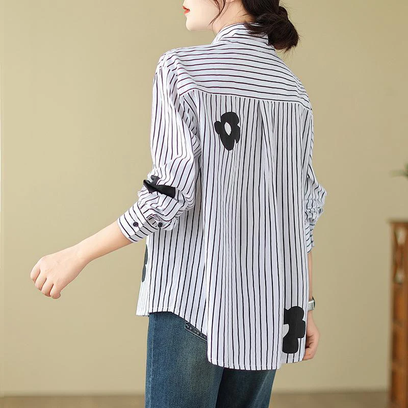 بدوره إلى أسفل الرقبة زهرة شريطية طويلة الأكمام قميص فضفاض وبلوزة المرأة أعلى عارضة واحدة الصدر الأبيض خمر أزياء أبلى