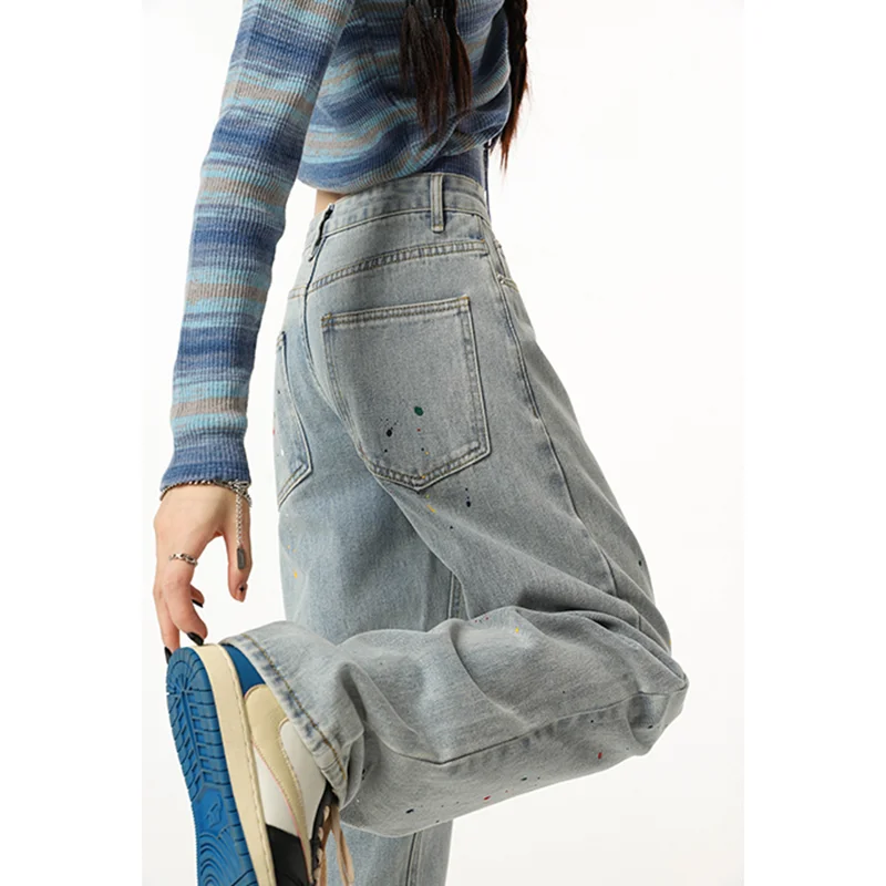 Jean Vintage Bleu Taille Haute pour Femme, Graffiti, Mode Américaine, Streetwear, Jambes Larges, Surintendant d'Hiver, Pantalon Baggy en Denim