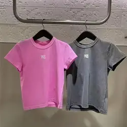 Slim-Fit Retro Grey Pink Tshirts Women Summer New Print Letter Pullover Short Sleeve T-shirt Female Tops Graphic Tees