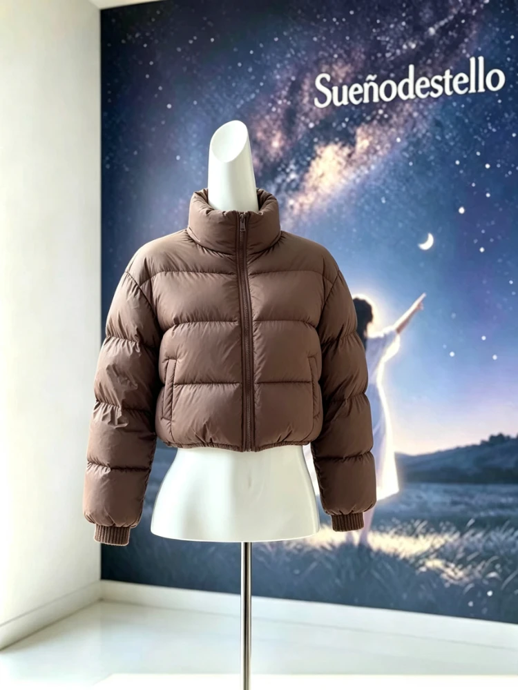 Korean Style Streetwear Cropped Black Quilted Puffer Parka Women Stand Collar Thick Warm Winter Loose Fit Outerwear 2026 New