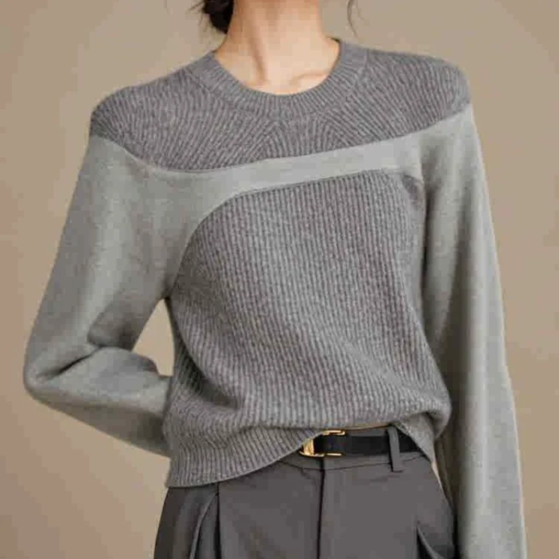 

Autumn and Winter Design Grey Splicing Sweater Knitted Shirt Women's Niche High End All Match Temperment Top