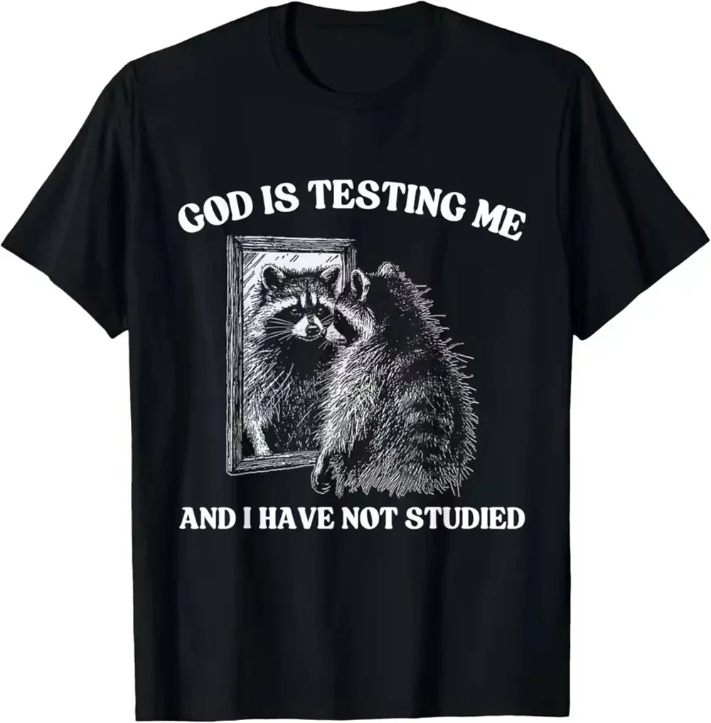 

God Is Testing Me Raccoon Funny Graphic T-Shirt Soft Cotton Short Sleeve Round Neck Tee for Men
