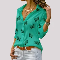 7 Solid Color Butterfly Print Blouse Women's V-Neck Button Long Sleeved Top Spring Autumn Casual T-Shirt
