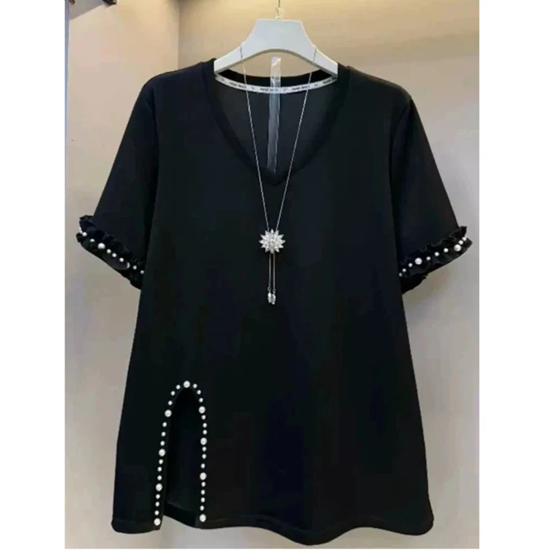 Neue Sommer-Kurzarm-T-Shirts für Damen: Modischer Vintage-Patchwork-Oberteil mit V-Ausschnitt und Schlitzsaum im lockeren Streetwear-Stil