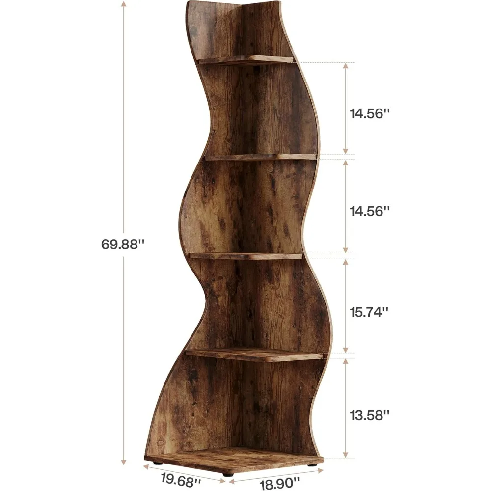 Contemporary 5-Tier Wavy Corner Bookshelf, Curved Design Plant Stand and Display Rack for Living Spaces and Compact Spas