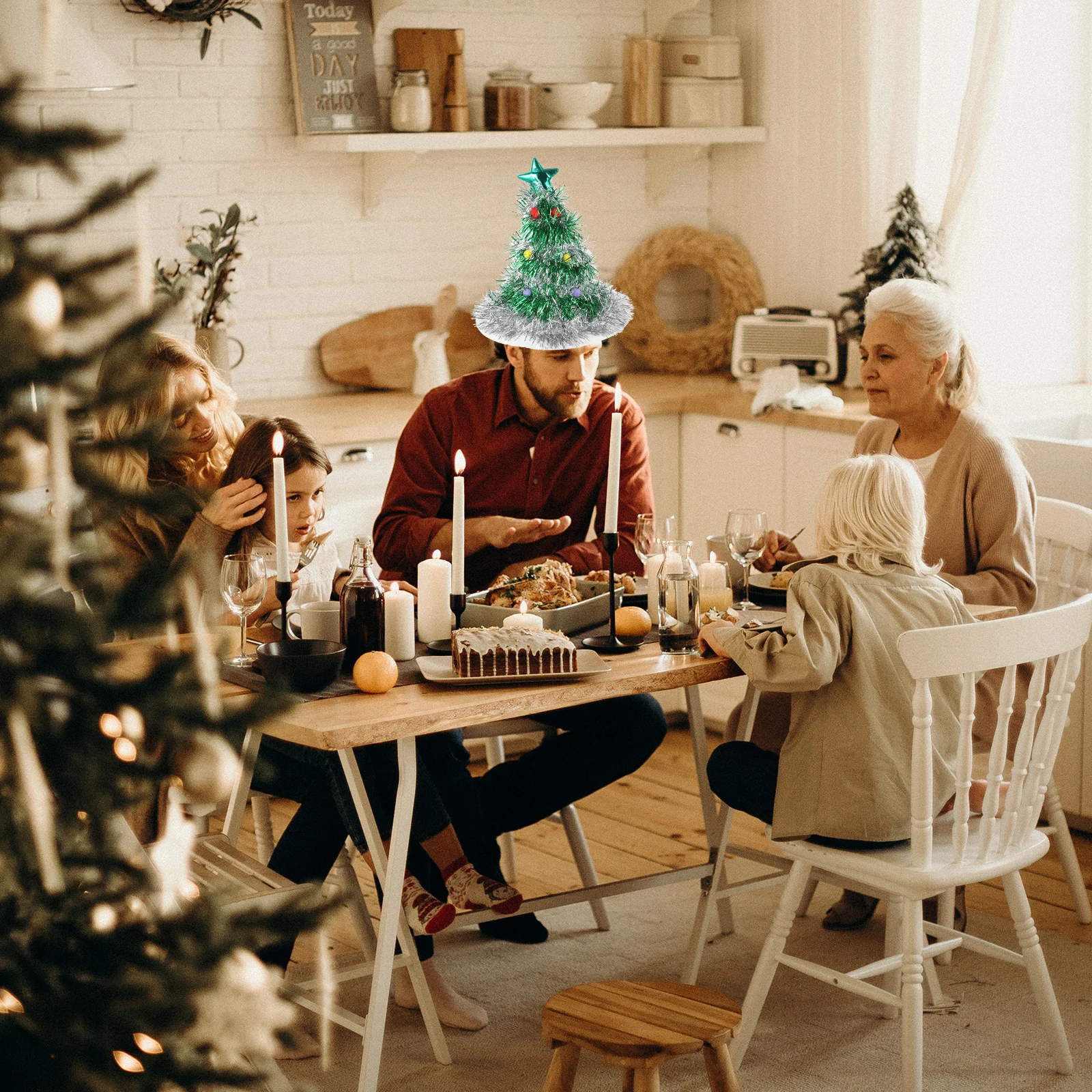 

Christmas Hat Decorations Nonwoven Xmas Tree Hats Green Silver Glitter Holiday Gifts Christmas Tree Decor Stylish Fashion