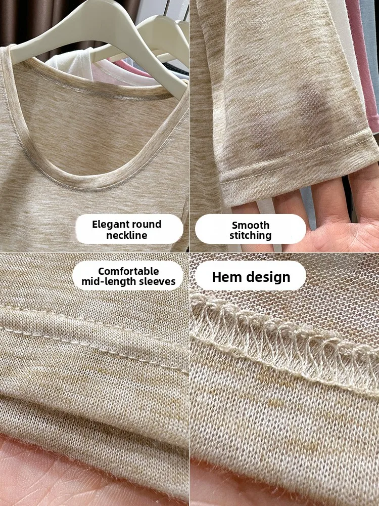 تي شيرت كوري محبوك من الحرير الجليدي ort Sve تي شيرت نسائي صيفي منخفض Ne round Ne Base irt أزرق اللون Blo كبير مستدير N... #5