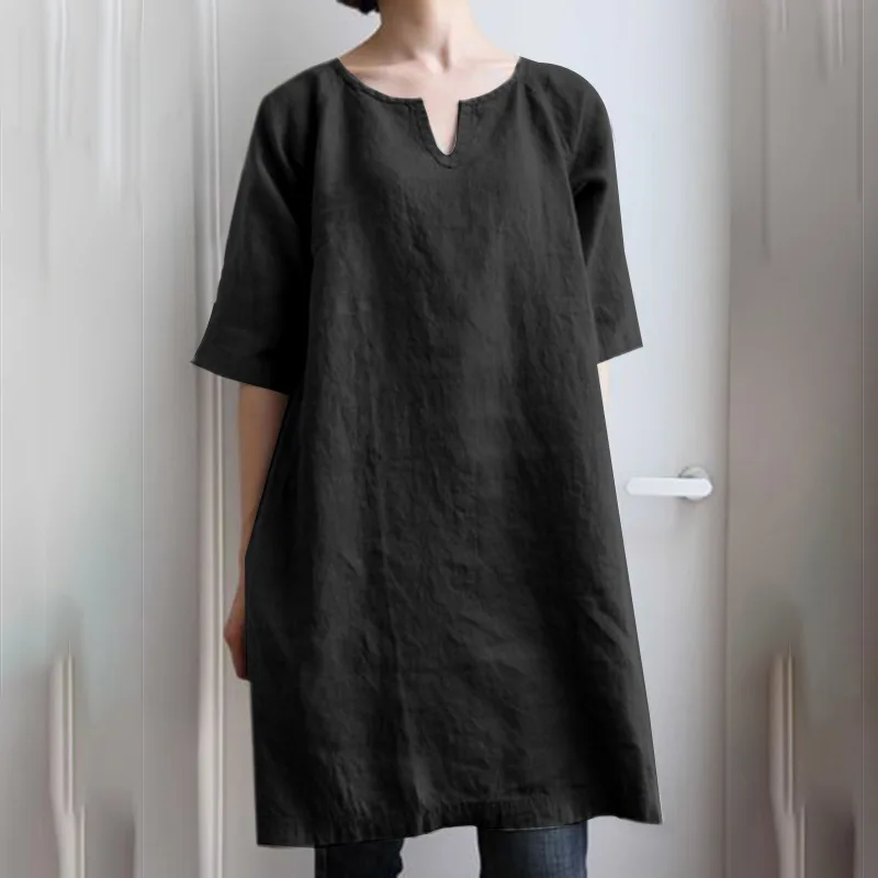 Amazon 2025 Women's Ramie Solid Color, Literary and Retro Chinese V-neck Casual Top with Loose Shirt Bottom Cw86777