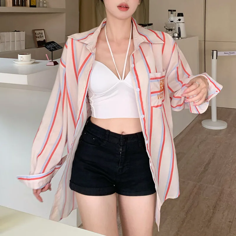 Korean Striped Long Sleeve Blouse Coat Female Fashion Temperament Buttons Cardigan Long Sleeve Shirts Women Clothing Trend Tops