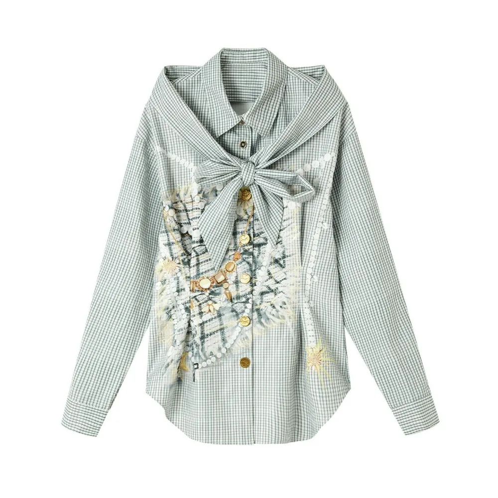 Parterre Chic Detachable Collar Blouse Women Vintage Plaid Shirt Old Money Aesthetic Printed Linen Look Workwear Office Shirt