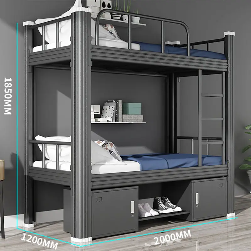 

Modern Double Decker Metal Bed 2-Layer Steel Bunk Beds Bottom Storage Cabinet Queen Size School Home Hotel Wooden Frame Dining