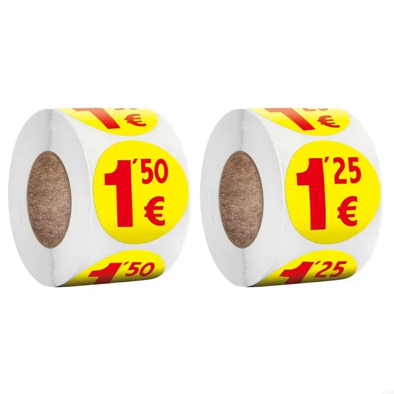 L4MB 500pcs بيع المرآب بيع ملصقات أسعار التنازلات 1.25/1.5 يورو ملصقات التسعير مستديرة لمتجر سوق السلع المستعملة