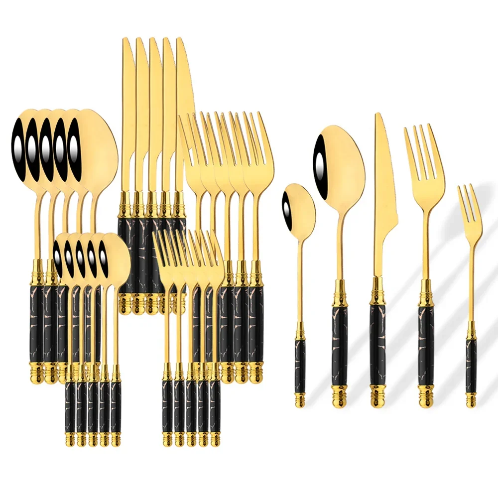 

30 шт., набор посуды с имитацией керамической ручки, черное золото, столовые приборы, вилка, ложка, нож, набор столовых приборов из нержавеющей стали