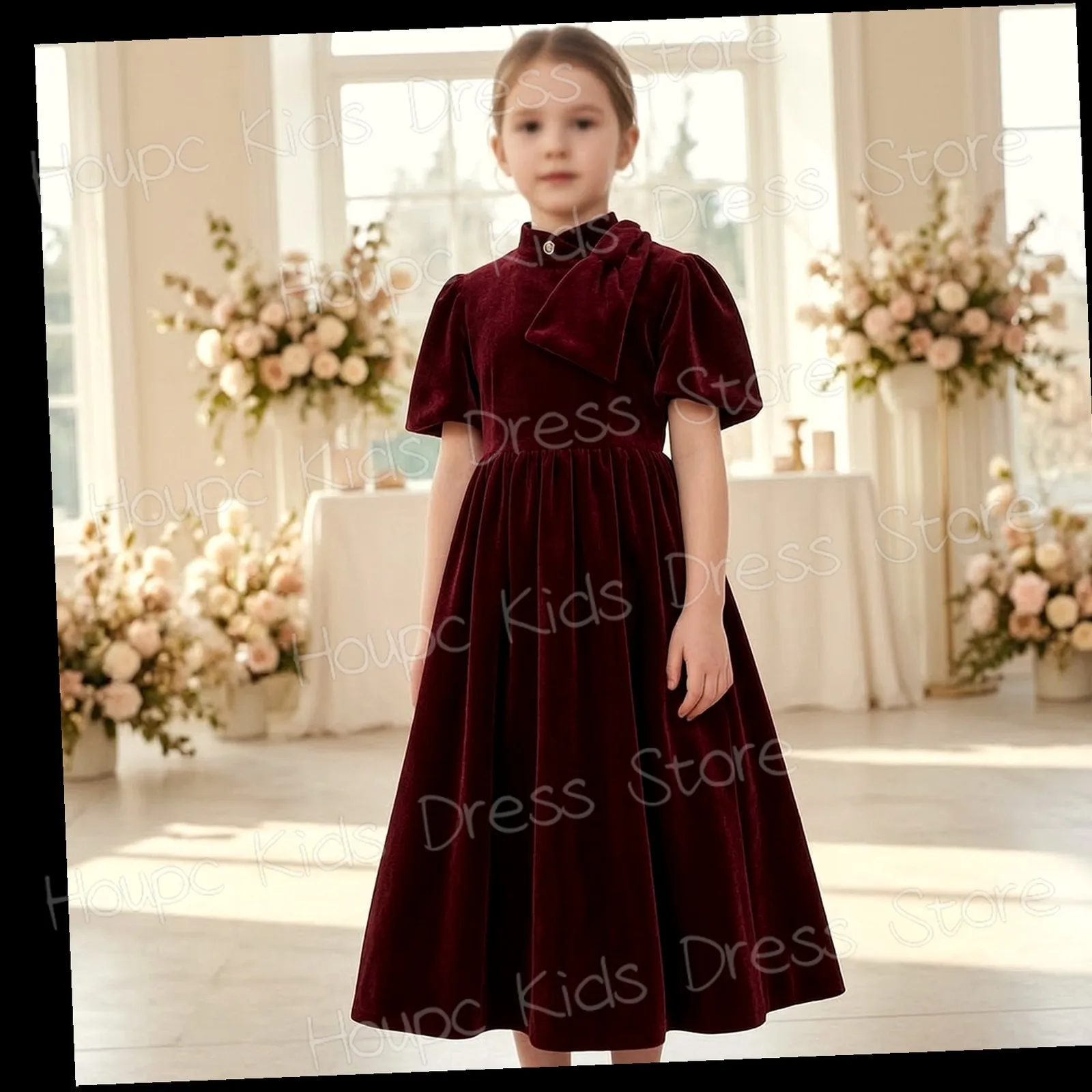 Flower Girl Dress Formal Velvet Burgundy High Neck Short Sleeve A-Line Floor-Length Wedding Party Dress for Girls
