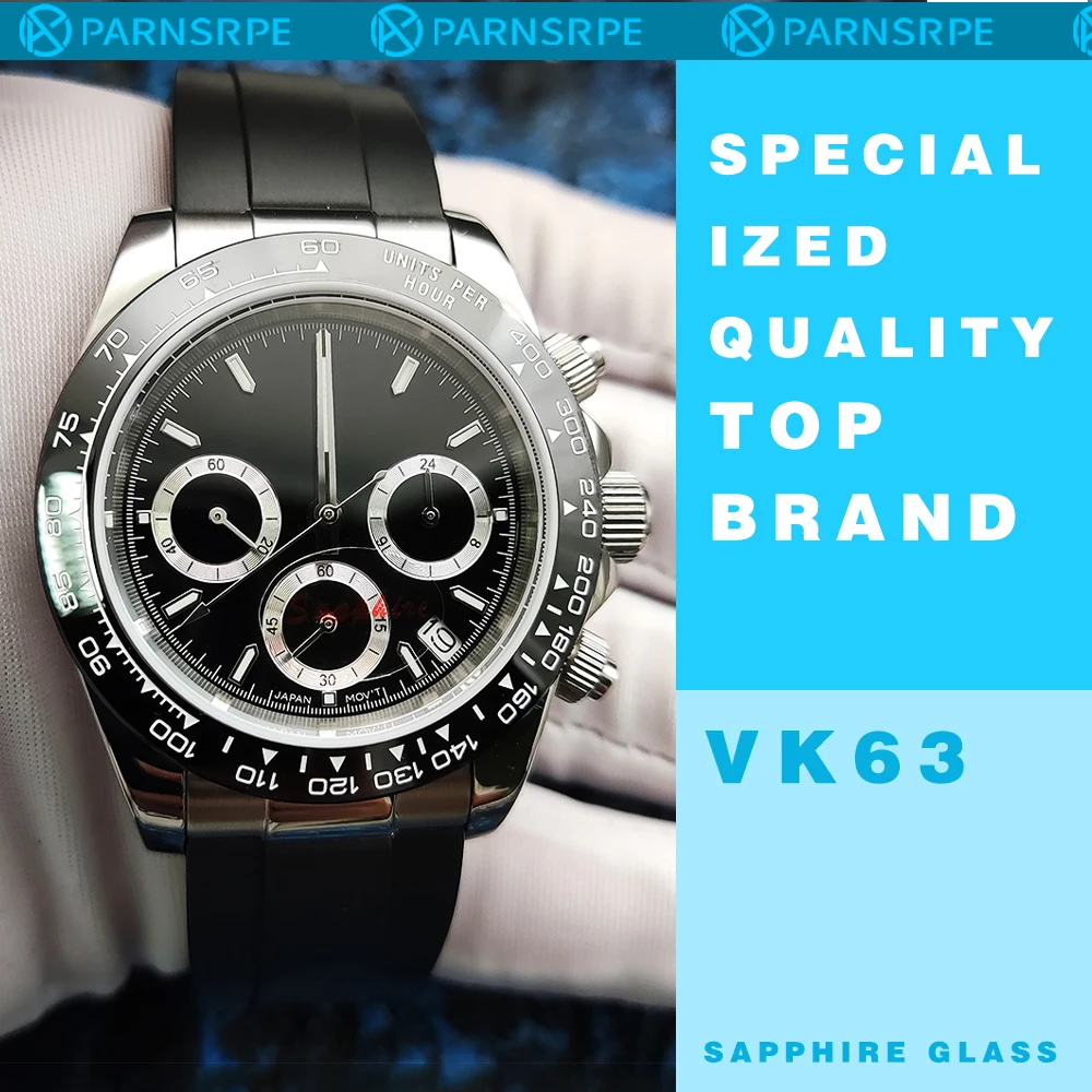 Japan Chronograph VK63 Quartz Movement 39MM Aseptic Dial Luminous Sapphire Glass Water Resistant Case Bracelet