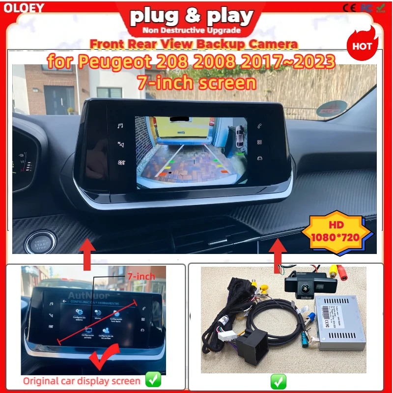 Rückfahrkamera für Peugeot 208 2008 2017~2023 7 Zoll OEM-Bildschirm-Upgrade Front- und Rückfahrkamera Plug&Play Autozubehör