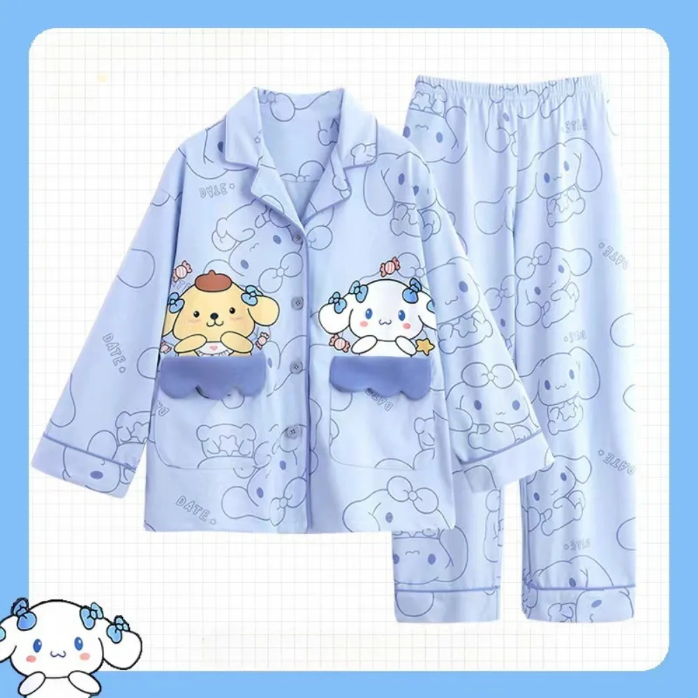 Poron Cartoon Button Print Kids Pajama Sets Color Blocking Pocket Comfortable Sleepwear Set Boys Girls Housewear Autumn Winter