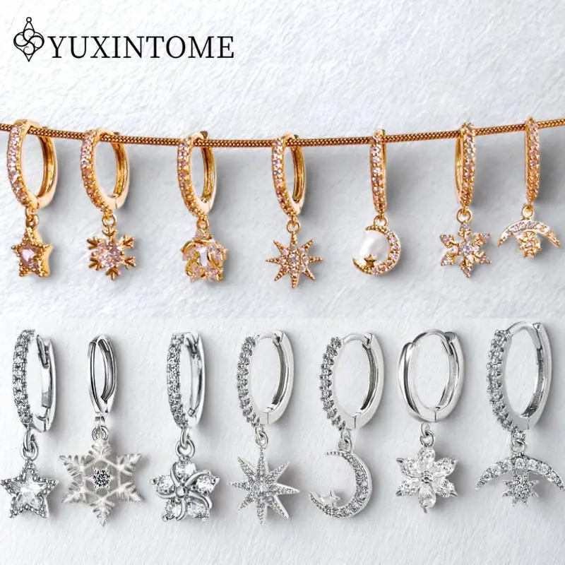 

925 Silver Needle Inlaid Zircon Stars Moon Pendant Hoop Earrings Luxury White Crystal Perforated Earrings Fashion Party Jewelry