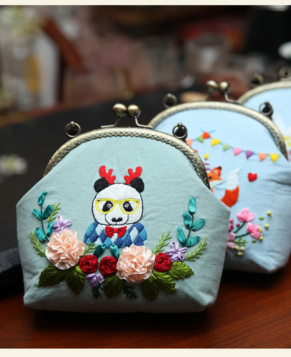 3D DIY Embroidery Bag Handcraft Needlework Cat Fox Pattern Cross Stitch Kit Portable Messenger Bag, Sling Chain Handbag