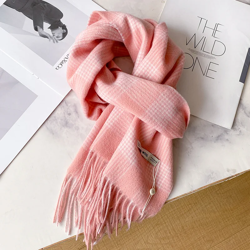 Luxury 100% Wool Winter Thick Warm Plaid Scarf For Women Fashion Soft Wrap Bandana Blanket Sweet Student Wool Neckerchief