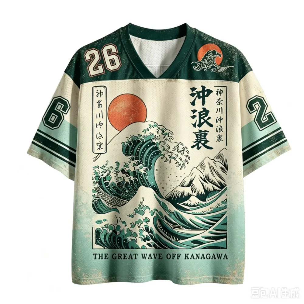 Retro Japanisches Ukiyo-e Wellen 3D-Druck Sport Schnelltrocknend Atmungsaktiv Herren V-Ausschnitt Übergrößen T-Shirt Outdoor Mode Hip-Hop Y2K Eltern-Kind – Detail 5