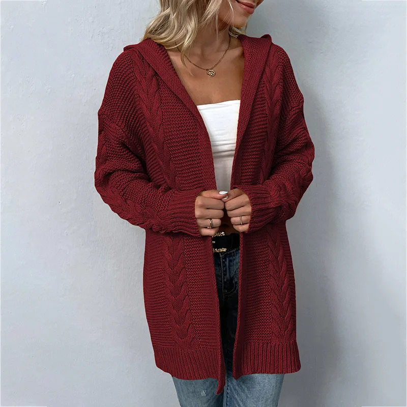 

S-XL Women Autumn Twists Knitted Cardigan Sweater With Hat Long Sleeves Female Loose Knitwear Outstreet Wear Fashion Coat