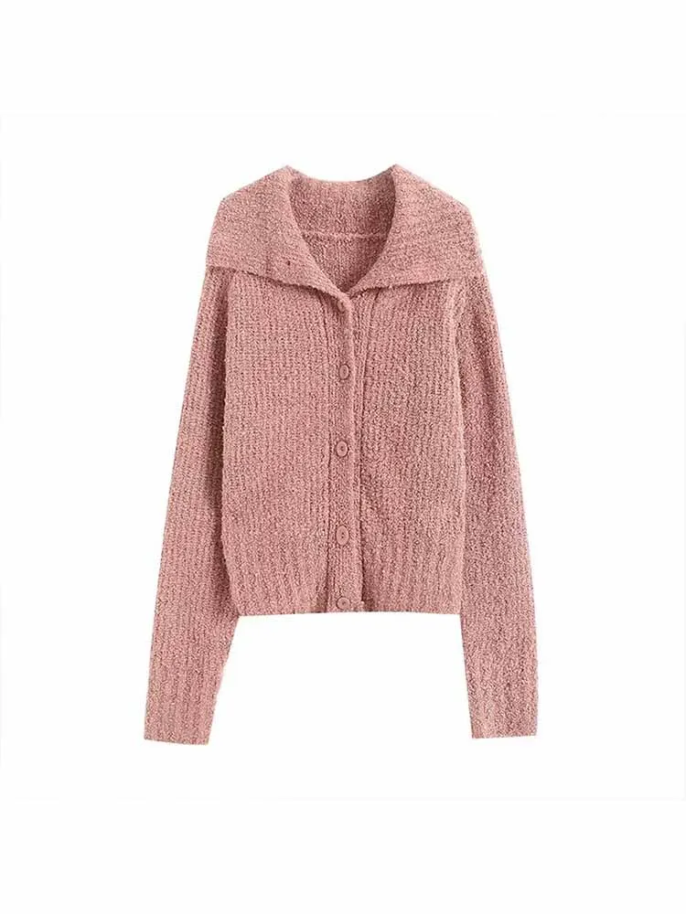 

Women New Fashion Large lapel design Wool blend Slim Knitted Cardigan Vintage Long Sleeve Button-up Female Outerwear Chic Tops