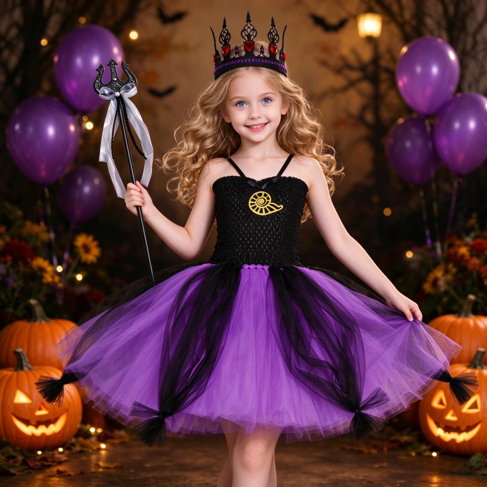 THEEPER Girls Halloween Costume with Accessories, Halloween Tutu Dress for Kids, Siren Witch Costume Tulle Princess Puffy Dress