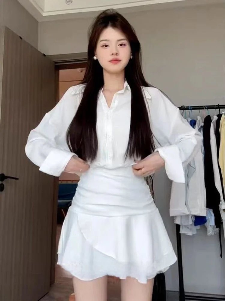 

Корейское Sle White irt Dr Утягивающая плиссированная юбка с высокой талией Fi Tail Long Sve A-Line Dr для женщин