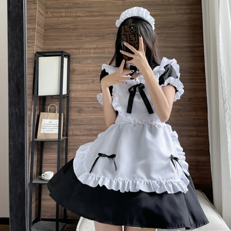 Japanese Anime Maid Cosplay Costume Multicolor Sweet Bow Heart Lolita Attire Square Neck Short Sleeve Mine Dress Women's Clothes