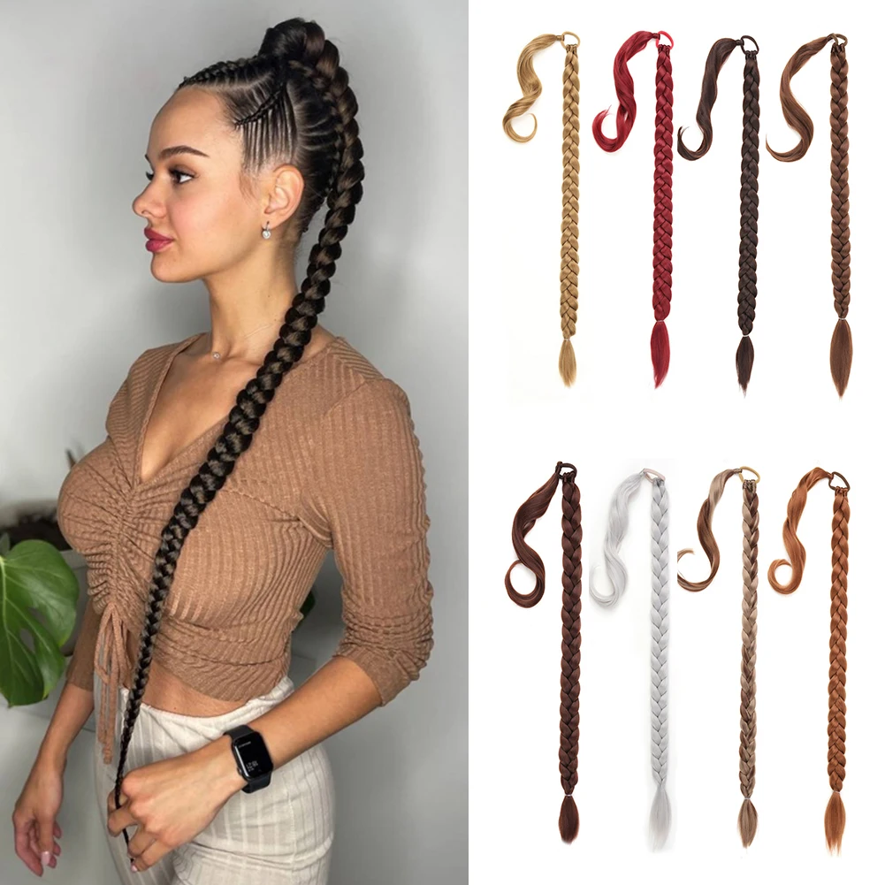 Long Braided Ponytail Extension with Elastic Tie Long Straight Wrap Around Hair Extensions 30 Inch Premium Synthetic Hairpieces